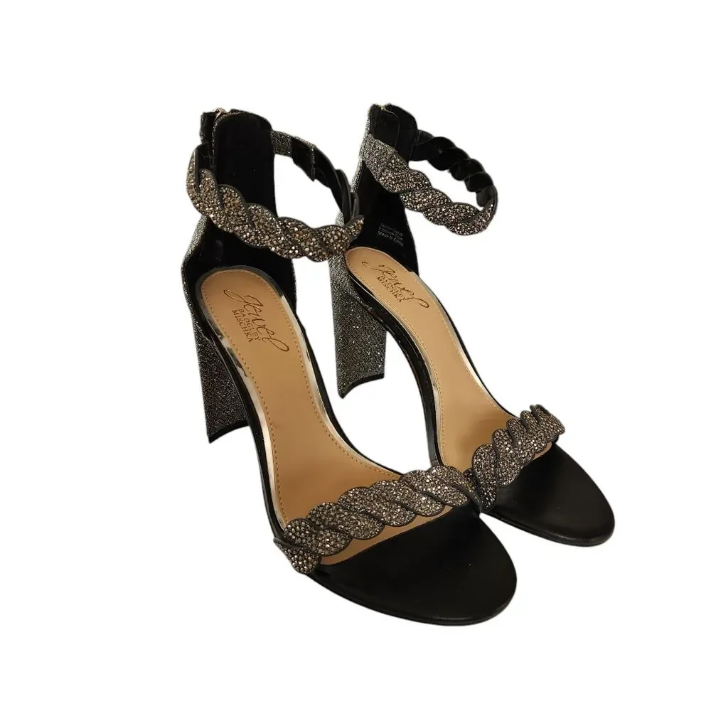 Jewel Badgley Mischka Crystal Braided Block Heel Open Toe Sandals Size 7 Wedding